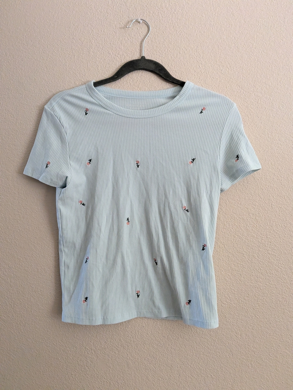 American Eagle Outfitters Pale Blue Ribbed Tee with Tiny Embroidered Florals